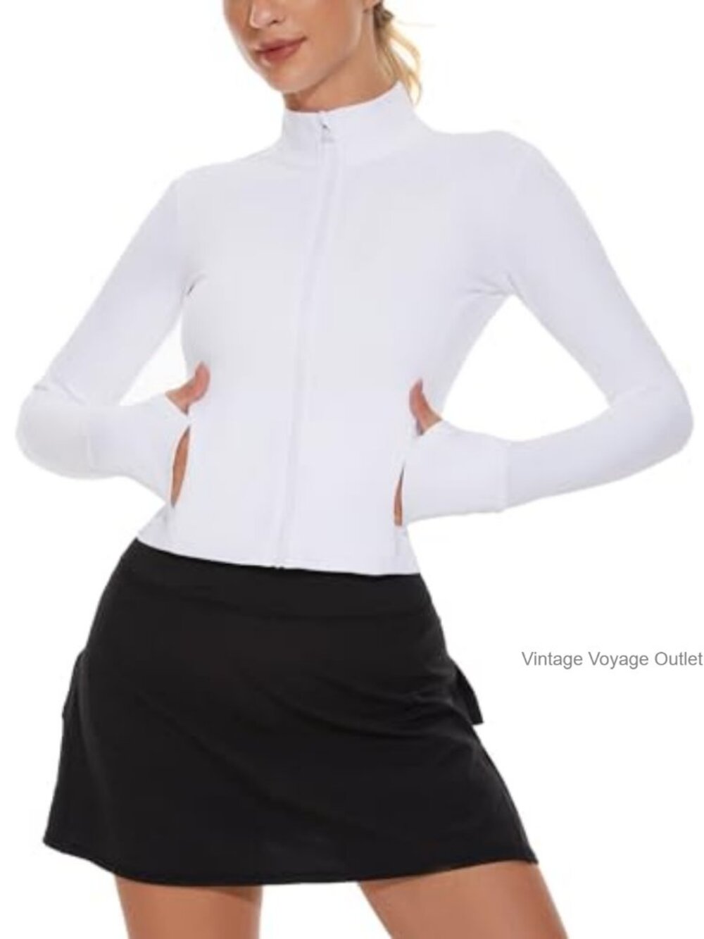 Women's Cropped Full Zip Athletic Jacket with Thumb Holes & Zip Pockets